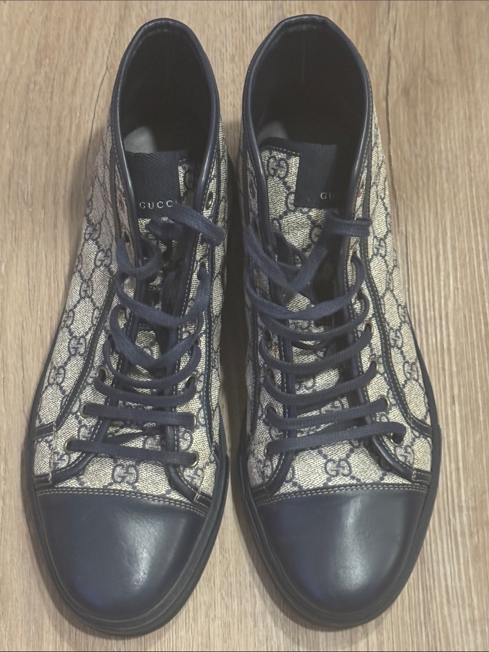 Gucci Men’s GG Monogram High-Top Sneakers in Beige and Navy